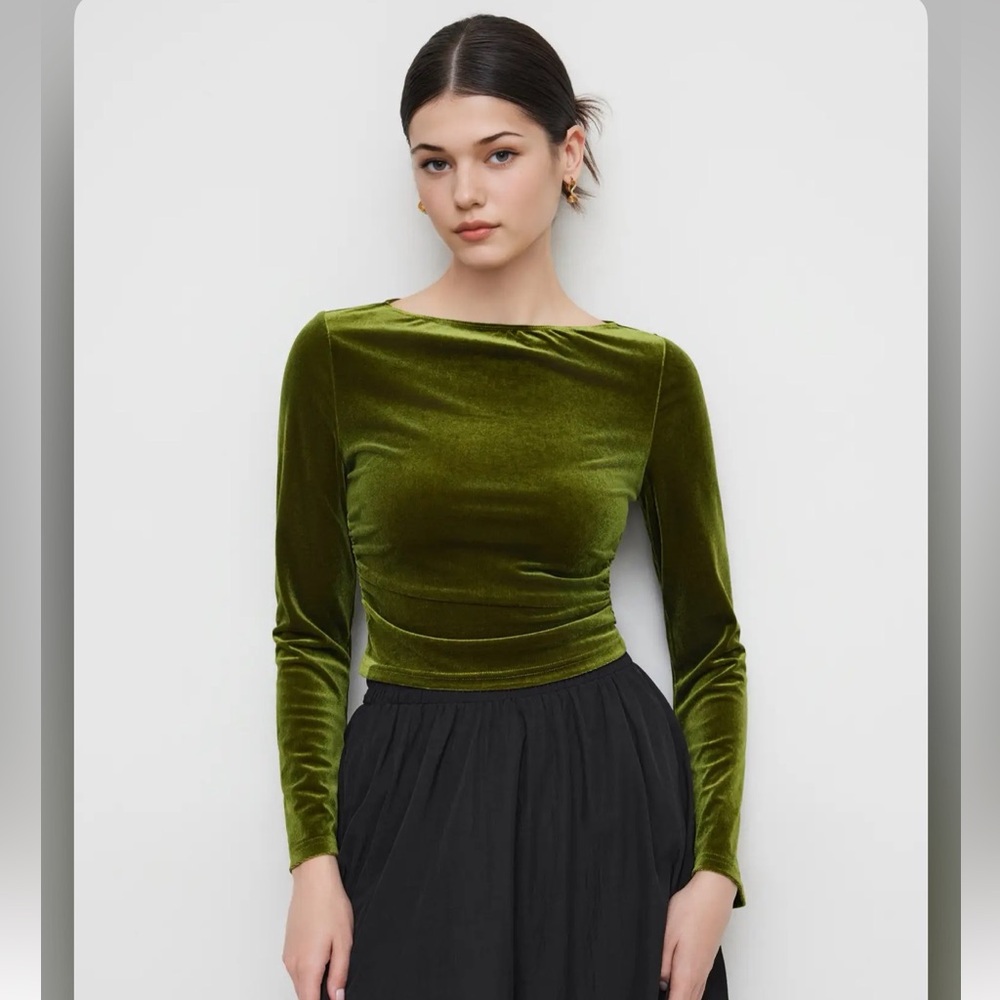 Cider VELVET BOAT NECK SOLID RUCHED LONG SLEEVE CROP TOP UY10-16 M - Picture 5 of 7